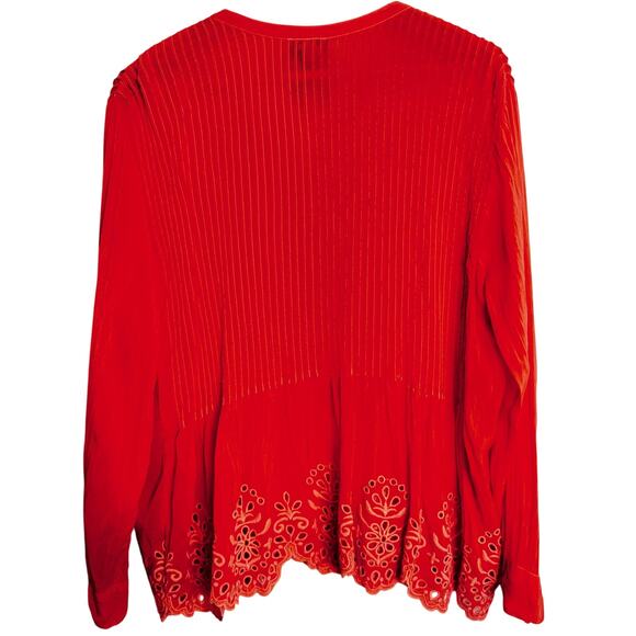 Johnny Was Peplum Top Womens L Red Embroidered Floral Scalloped Boho Cottagecore - Picture 2 of 13